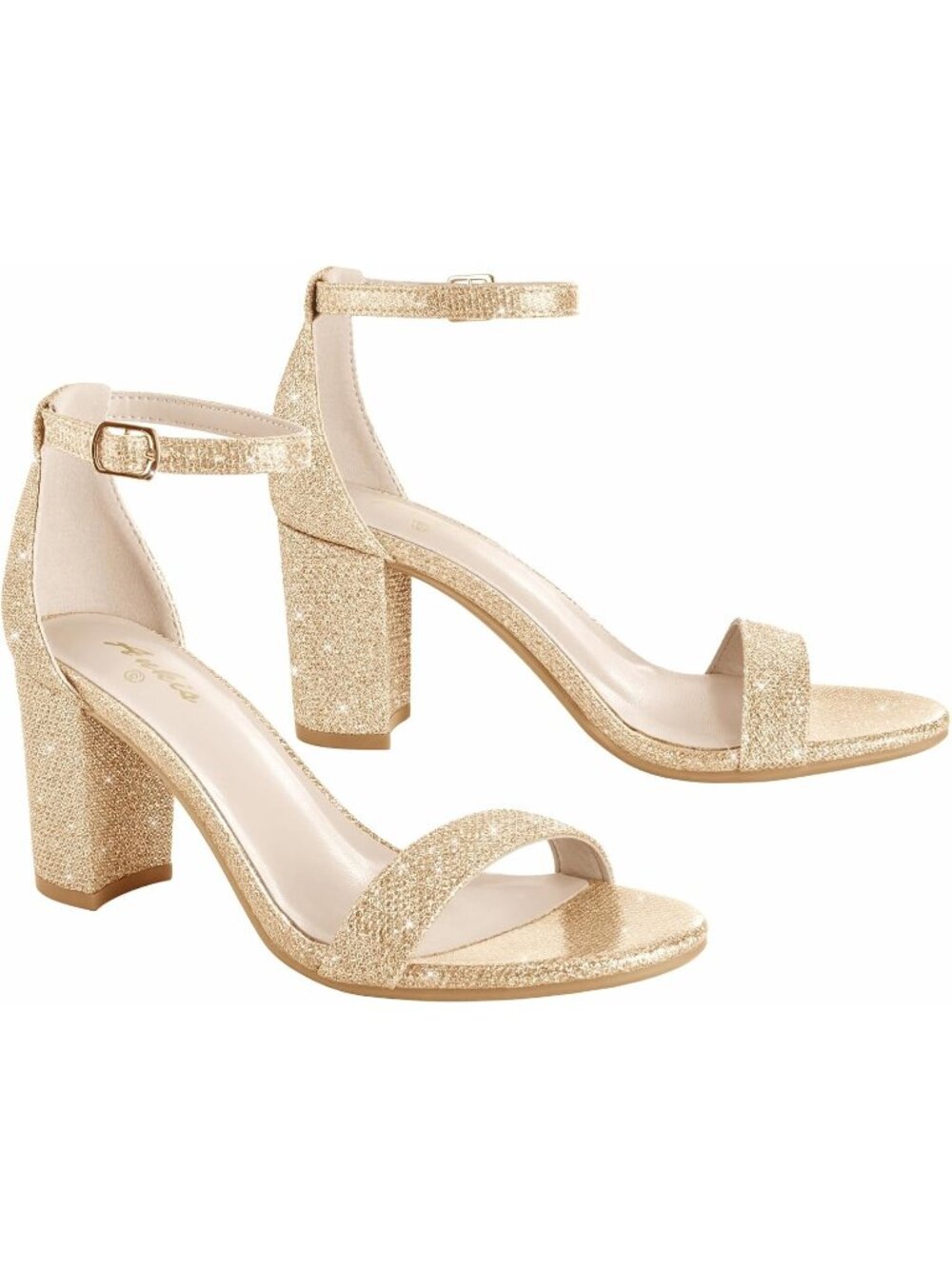 Womens New Gold Glitter Open Toe Ankle Strap 2.75 Inch Heel Chunky Heeled Sandal